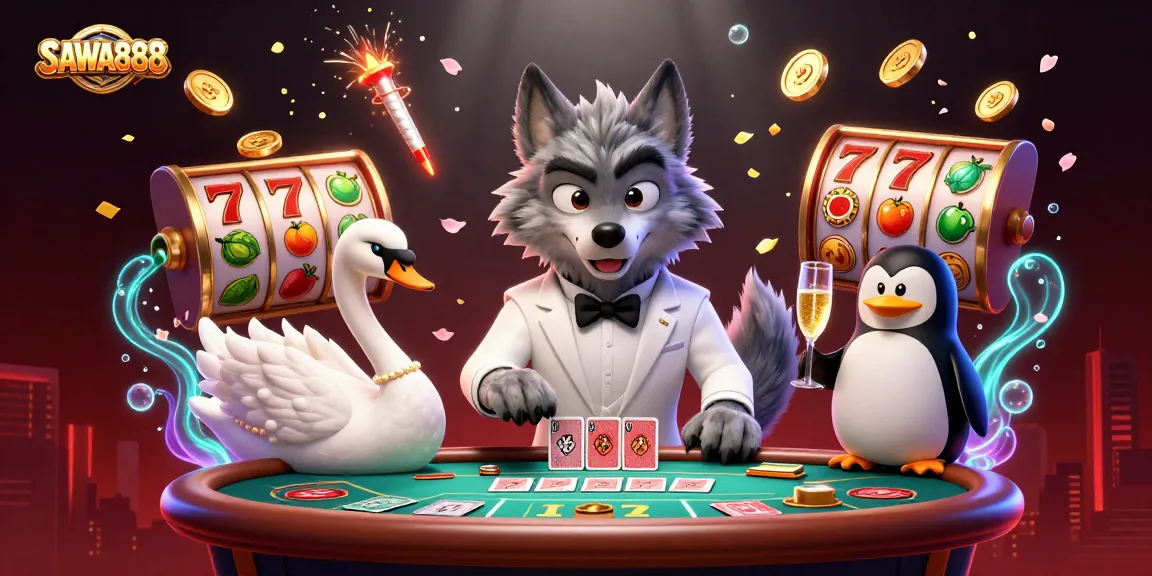 Experience thrilling gameplay at SAWA888 with dynamic slot reels and vibrant casino characters in action.