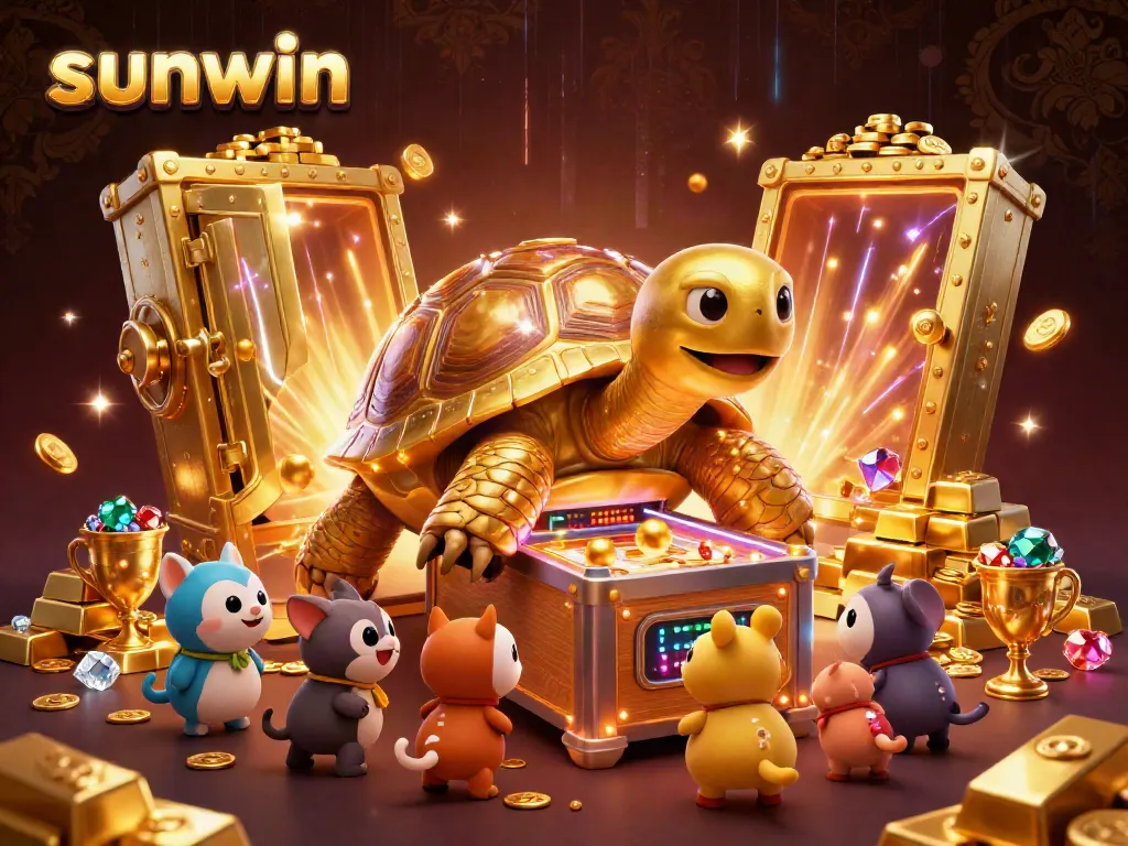 Experience thrilling games at sunwin with a golden tortoise pinball machine surrounded by treasures.