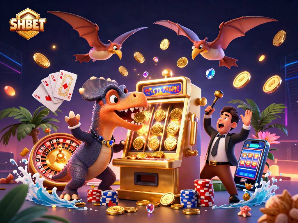 Experience SHBET by watching a pachycephalosaurus win jackpot coins from a golden slot machine!