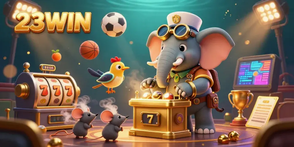 Experience excitement with 23WIN slot machines and vibrant game elements in a dynamic casino illustration.