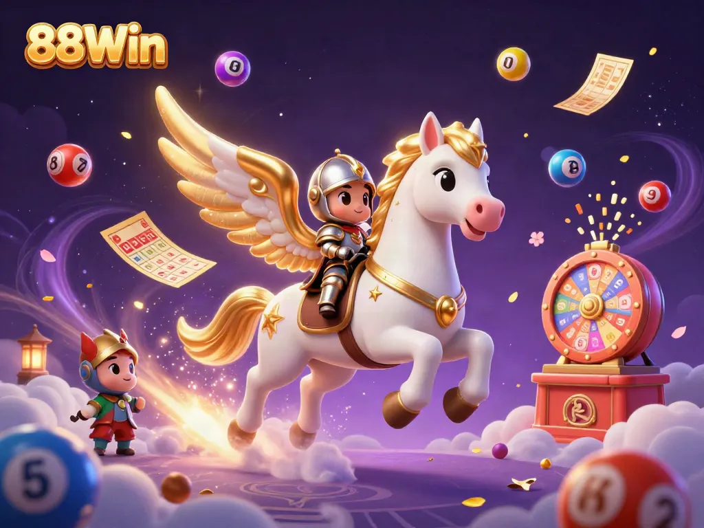 Experience winning excitement with 88Win's vibrant lottery scene full of dynamic elements and animated characters.