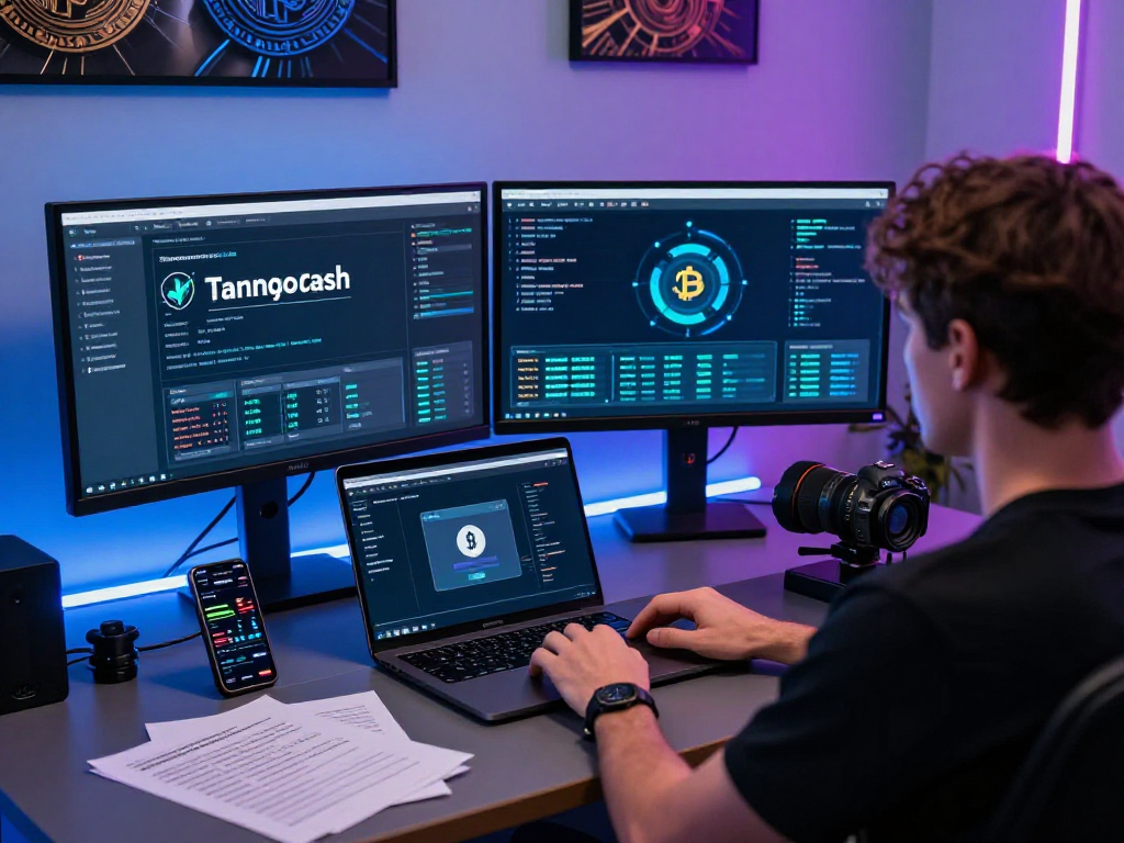 Dynamic workspace showcasing Tornado Cash technology with financial dashboards and blockchain elements, emphasizing privacy in cryptocurrency transactions.