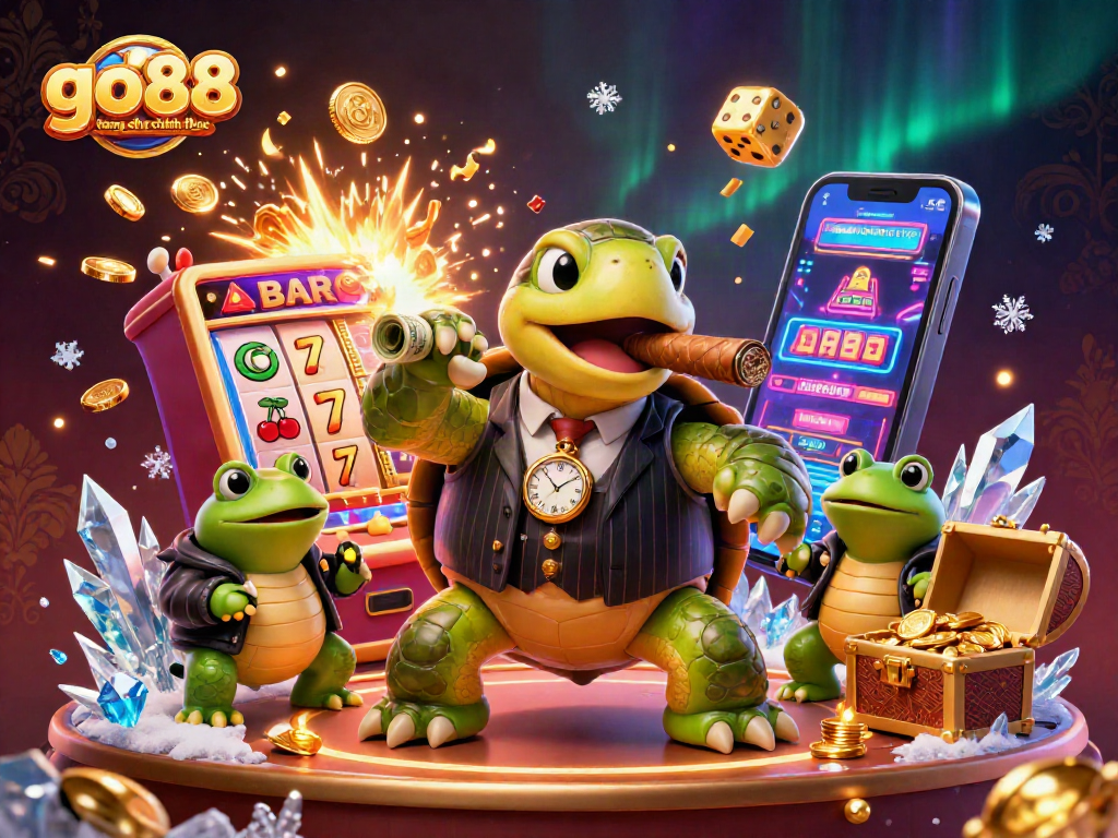 Experience the vibrant go88 trang chu chinh thuc casino scene with a turtle mobster and explosive slot machine action.