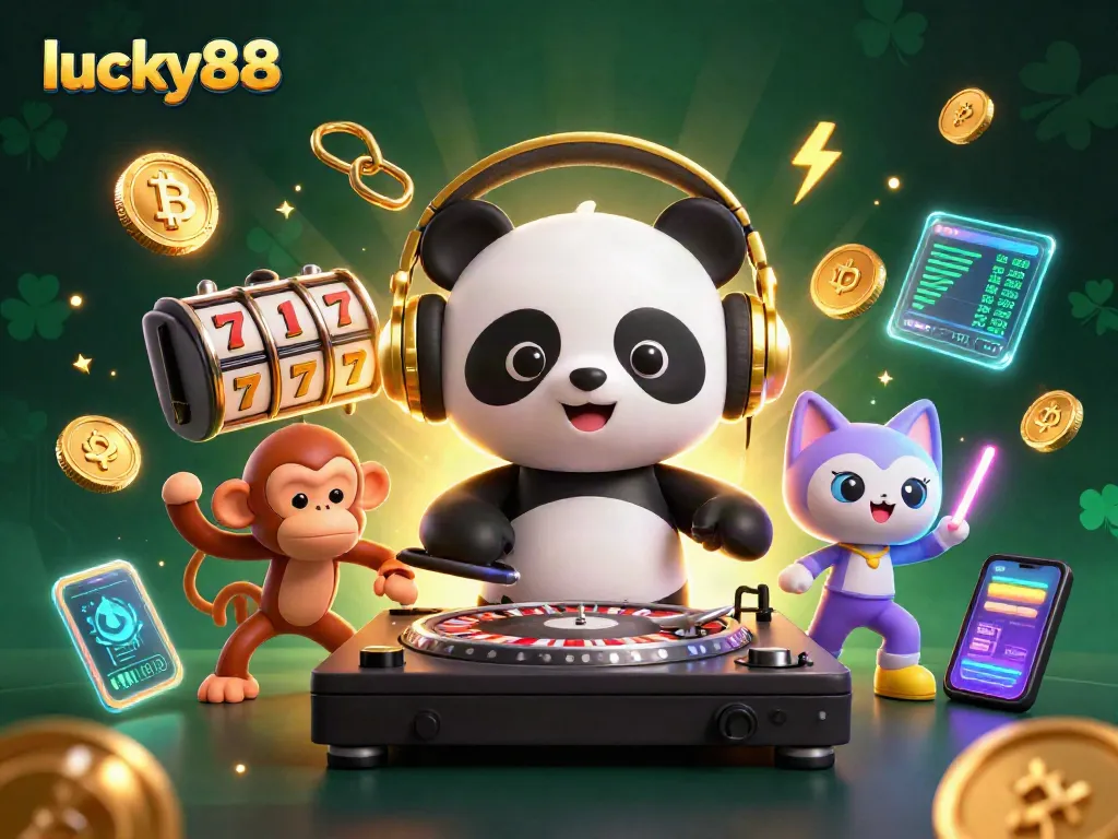Spin to win with lucky88 as the DJ panda mixes at an electrifying casino scene filled with excitement.