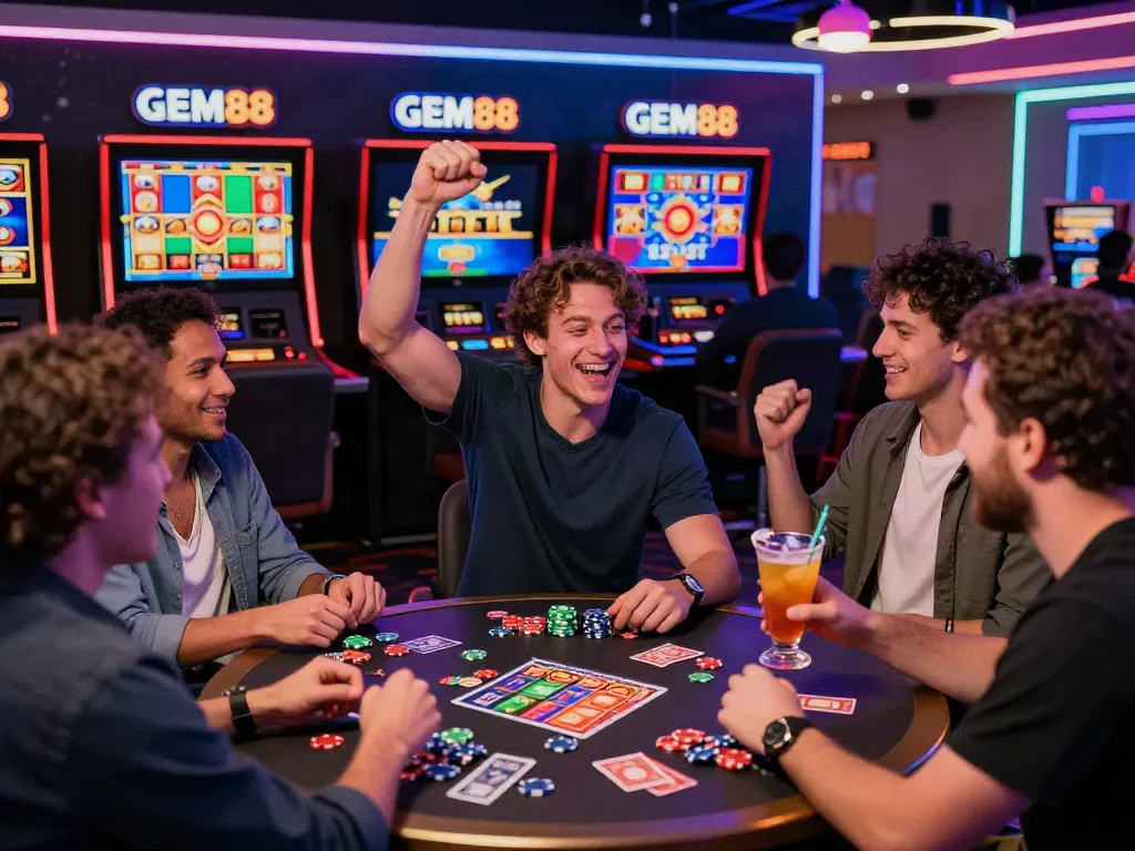 Exciting gaming moment at GEM88 with players celebrating wins in a vibrant environment.