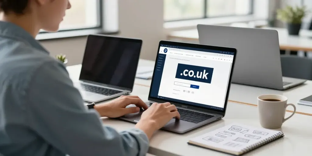 Register .co.uk domain name in a modern workspace, showcasing an engaged user.