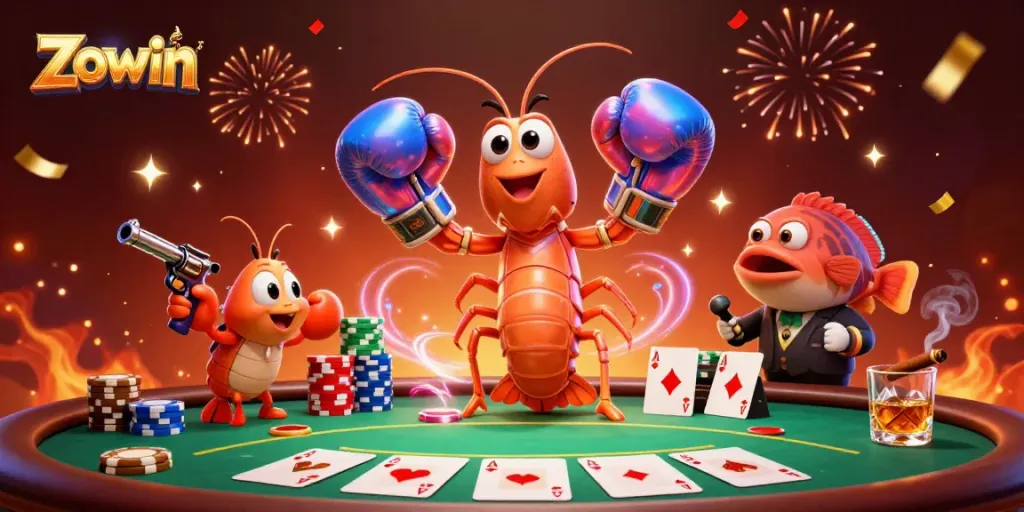 Engage in thrilling Zowin gameplay with our colorful casino scene featuring vibrant characters.