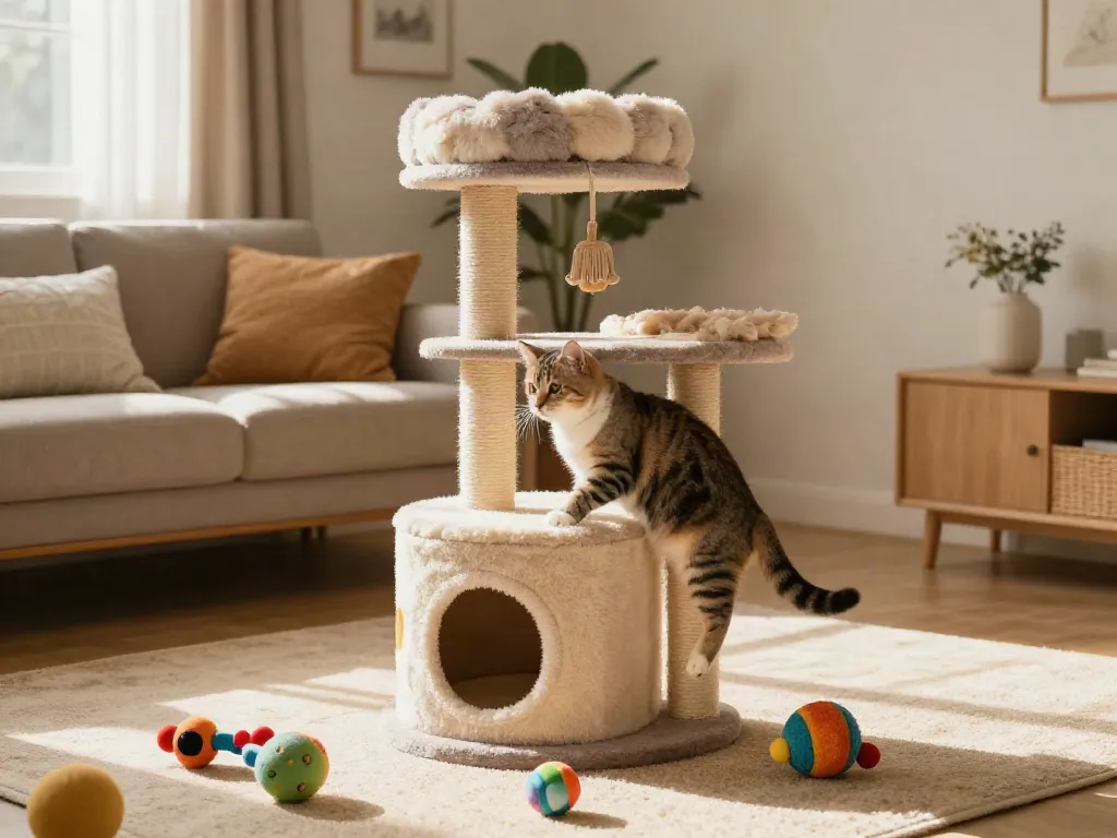 Playful cat climbing a stylish cat tower in a cozy living room.