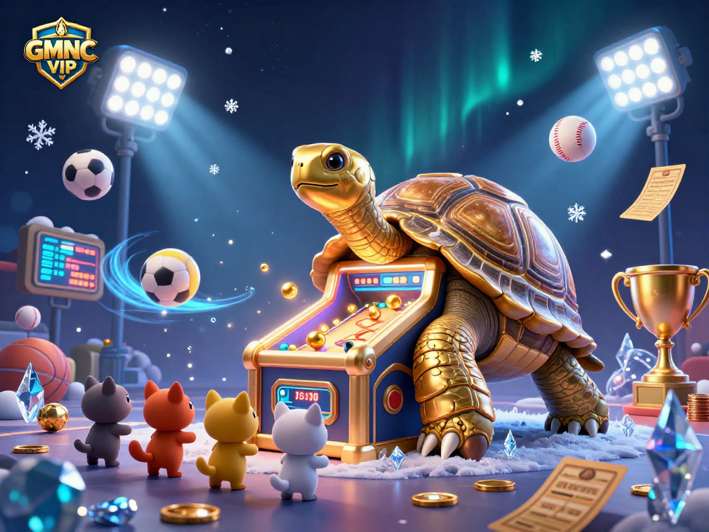 Engage with GMNC VIP at a vibrant casino scene with a golden tortoise pinball match and dynamic sports elements.