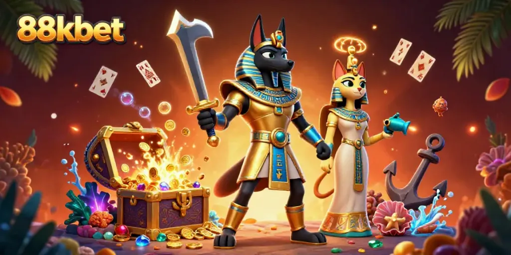 Experience the excitement of 88kbet with Anubis and Bastet surrounded by treasures and casino elements.