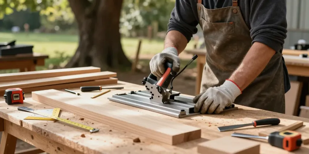 Craftsman using a hand mitre saw in a sunny outdoor workshop.