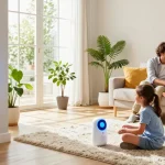 Family enjoying their IKEA smart home with smart lighting and voice-control in a cozy living room.