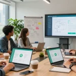 Team collaborating on WhatsApp網頁版 in a modern office, showcasing technology and teamwork.
