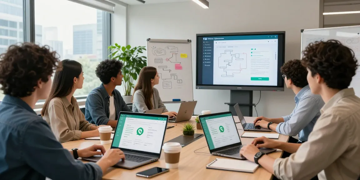Team collaborating on WhatsApp網頁版 in a modern office, showcasing technology and teamwork.